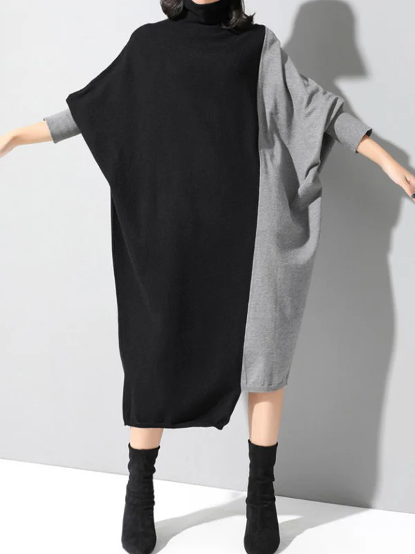 Casual Loose Split-Joint Contrast Color High-Neck Long Sleeves Dress - Image 4