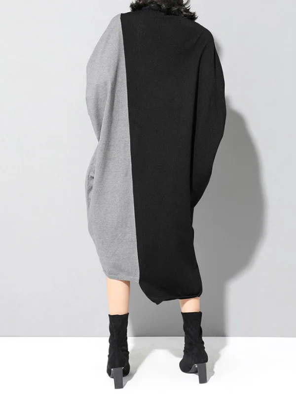 Casual Loose Split-Joint Contrast Color High-Neck Long Sleeves Dress - Image 5