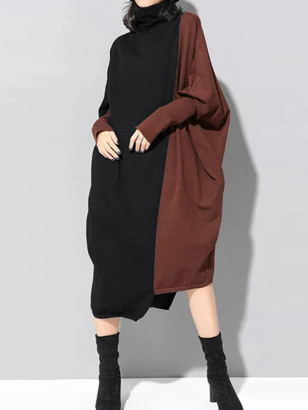 Casual Loose Split-Joint Contrast Color High-Neck Long Sleeves Dress - Image 6