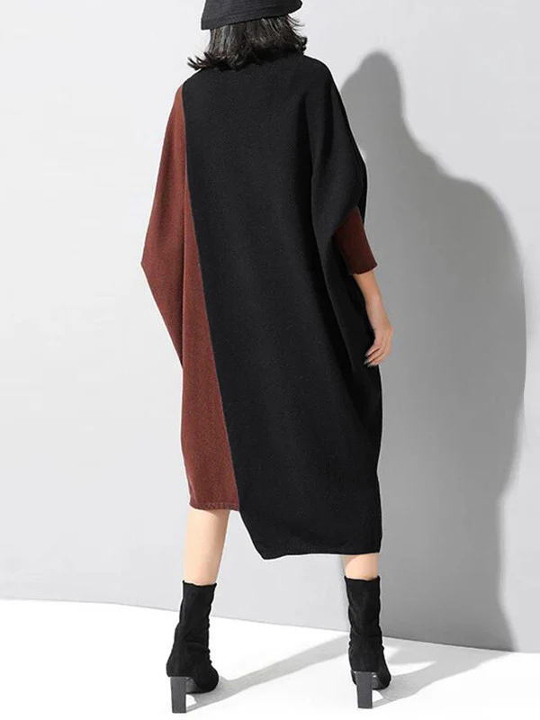 Casual Loose Split-Joint Contrast Color High-Neck Long Sleeves Dress - Image 7