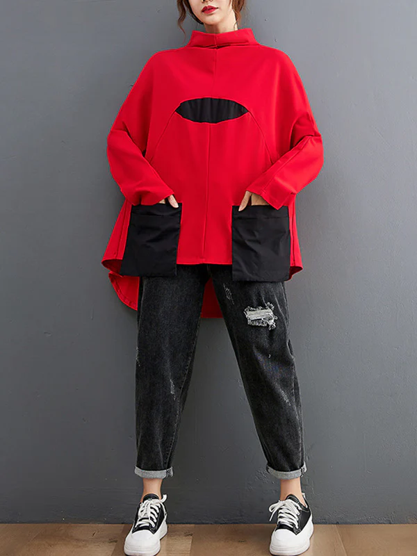 Casual Loose Split-Joint High-Neck Long Batwing Sleeves T-Shirt - Image 10