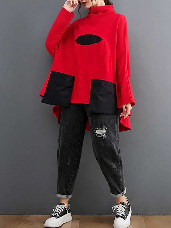 Casual Loose Split-Joint High-Neck Long Batwing Sleeves T-Shirt - Image 11
