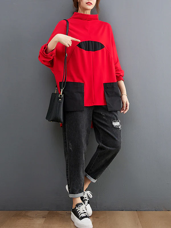 Casual Loose Split-Joint High-Neck Long Batwing Sleeves T-Shirt - Image 12