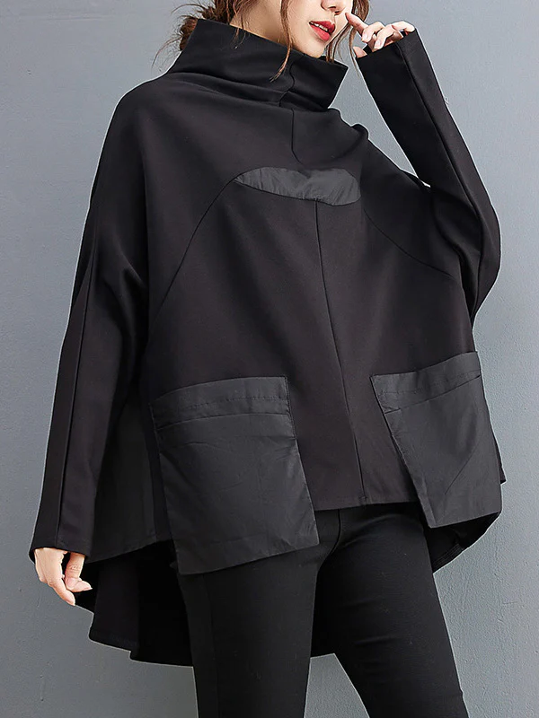 Casual Loose Split-Joint High-Neck Long Batwing Sleeves T-Shirt - Image 2
