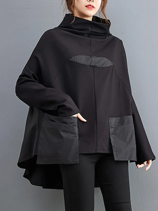 Casual Loose Split-Joint High-Neck Long Batwing Sleeves T-Shirt - Image 3