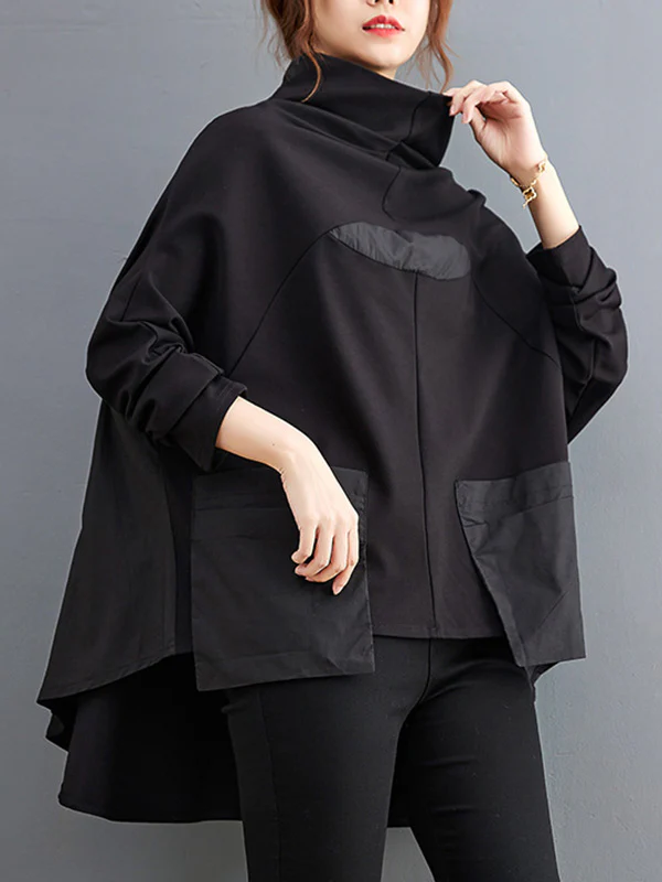Casual Loose Split-Joint High-Neck Long Batwing Sleeves T-Shirt - Image 4