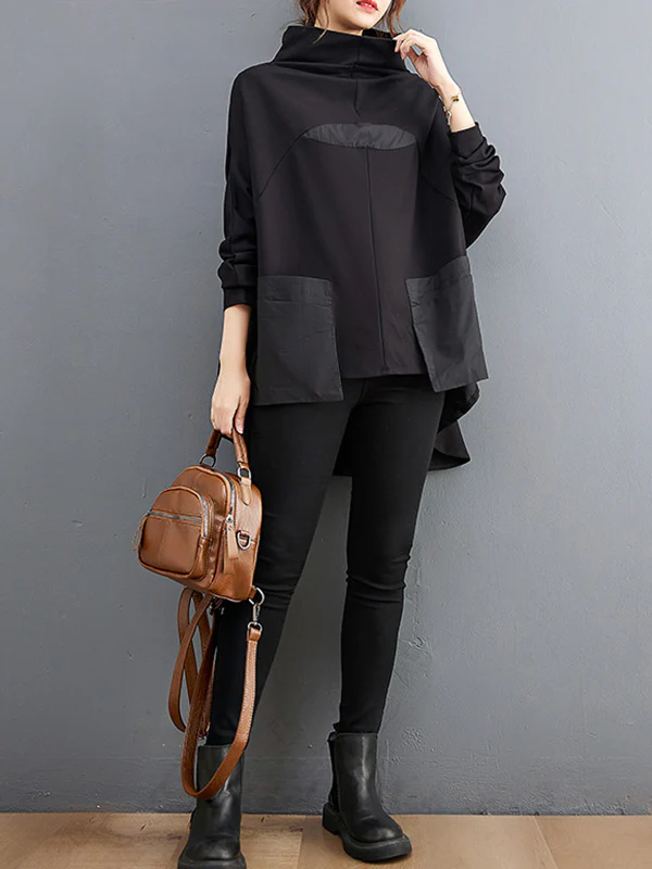 Casual Loose Split-Joint High-Neck Long Batwing Sleeves T-Shirt - Image 5