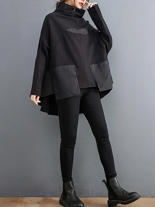 Casual Loose Split-Joint High-Neck Long Batwing Sleeves T-Shirt - Image 6