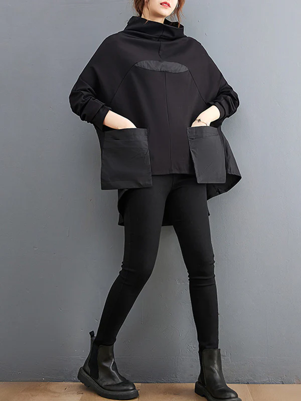 Casual Loose Split-Joint High-Neck Long Batwing Sleeves T-Shirt - Image 7