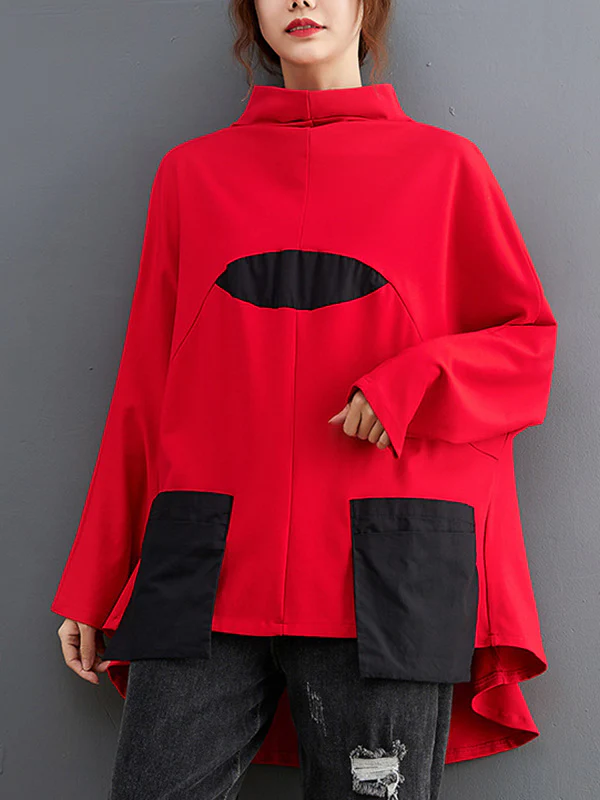 Casual Loose Split-Joint High-Neck Long Batwing Sleeves T-Shirt - Image 8