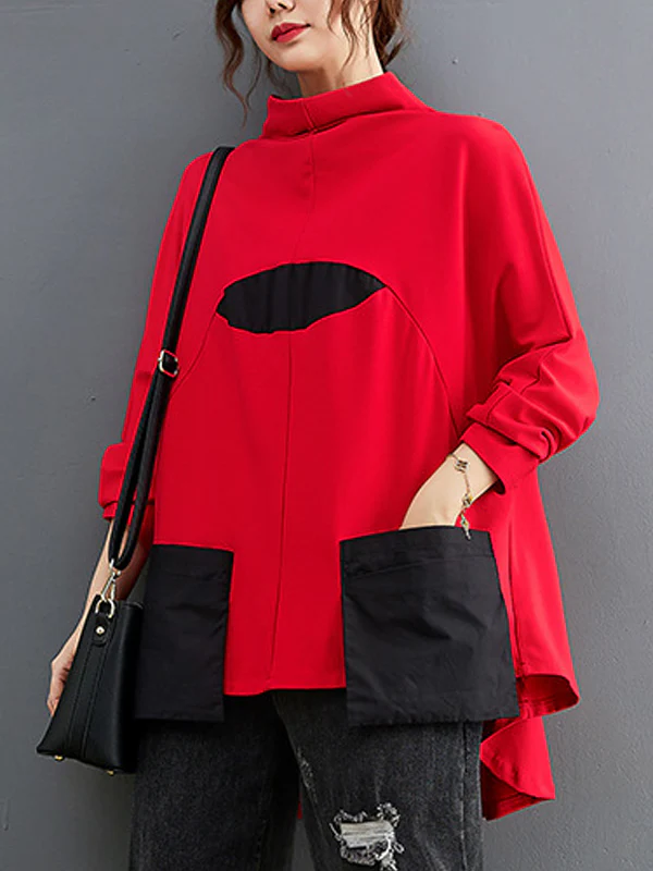 Casual Loose Split-Joint High-Neck Long Batwing Sleeves T-Shirt - Image 9