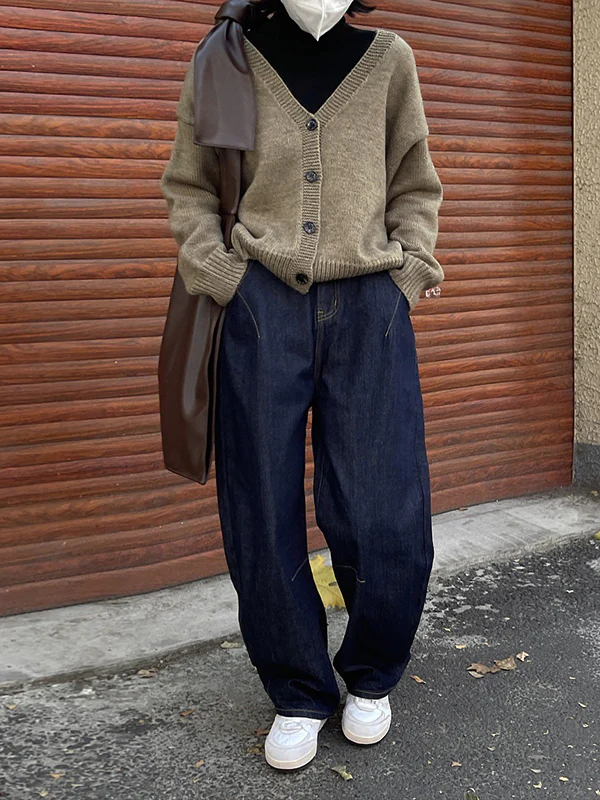 Casual Loose Wide Leg Solid Color Jean Pants Bottoms - Image 11