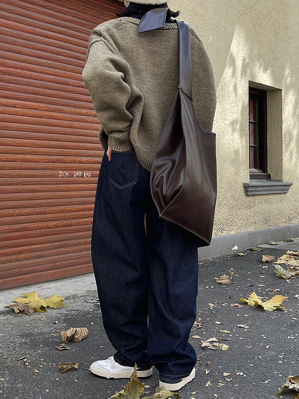 Casual Loose Wide Leg Solid Color Jean Pants Bottoms - Image 12