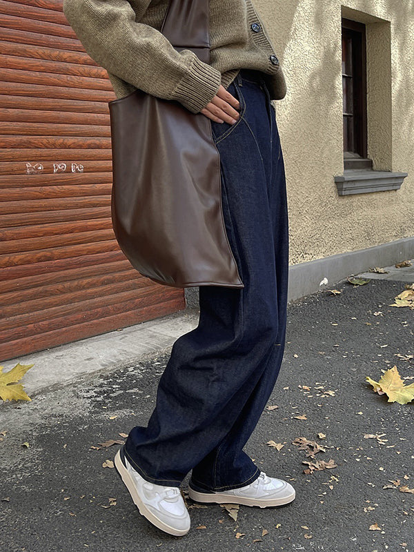 Casual Loose Wide Leg Solid Color Jean Pants Bottoms - Image 5