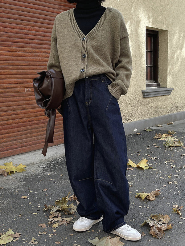 Casual Loose Wide Leg Solid Color Jean Pants Bottoms - Image 8