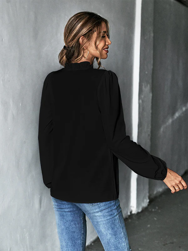 Casual Puff Sleeves Loose Falbala Solid Color V-Neck Blouses&Shirts Tops - Image 12