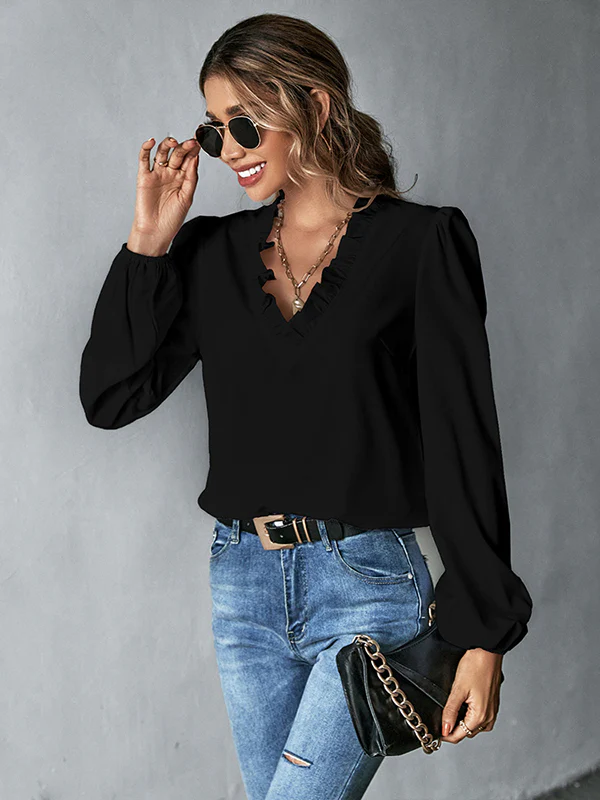 Casual Puff Sleeves Loose Falbala Solid Color V-Neck Blouses&Shirts Tops - Image 2