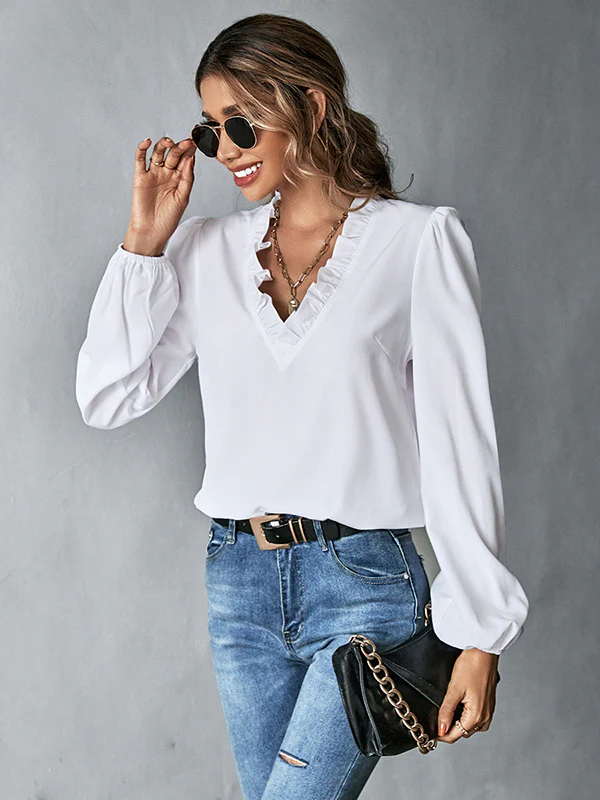 Casual Puff Sleeves Loose Falbala Solid Color V-Neck Blouses&Shirts Tops - Image 3