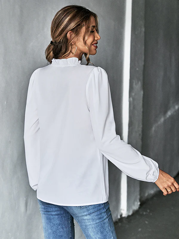 Casual Puff Sleeves Loose Falbala Solid Color V-Neck Blouses&Shirts Tops - Image 7