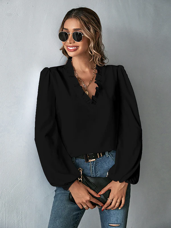 Casual Puff Sleeves Loose Falbala Solid Color V-Neck Blouses&Shirts Tops - Image 8