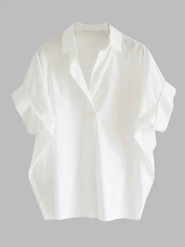 Casual Short Sleeves Loose Solid Color Lapel Collar Blouses&Shirts Tops - Image 4