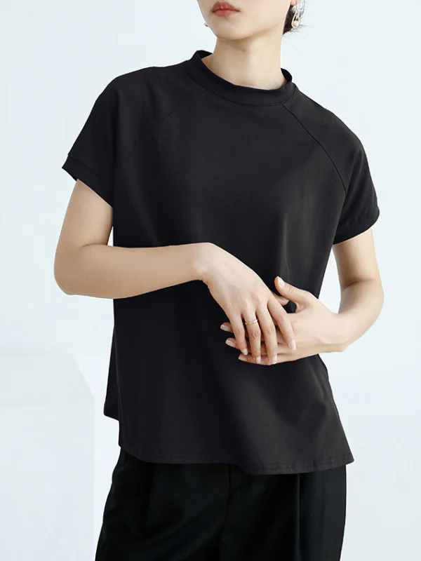 Casual Short Sleeves Loose Solid Color Stand Collar T-Shirts Tops - Image 2
