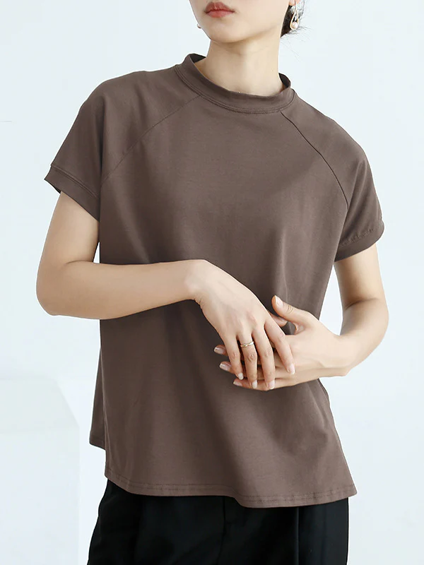 Casual Short Sleeves Loose Solid Color Stand Collar T-Shirts Tops - Image 3