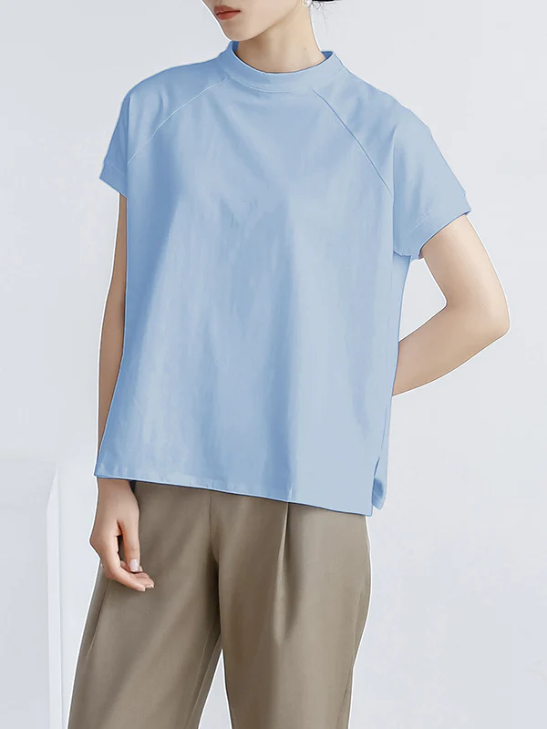 Casual Short Sleeves Loose Solid Color Stand Collar T-Shirts Tops - Image 4