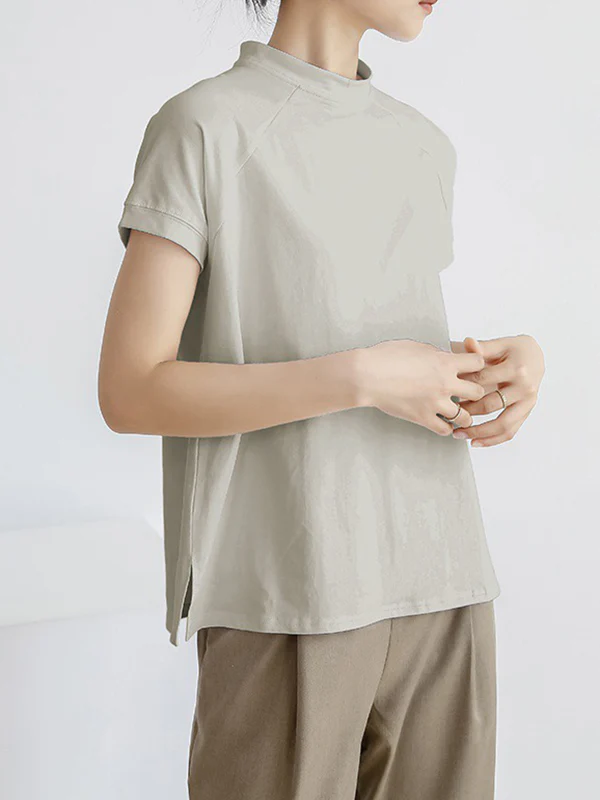 Casual Short Sleeves Loose Solid Color Stand Collar T-Shirts Tops - Image 5