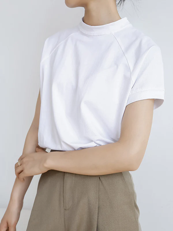 Casual Short Sleeves Loose Solid Color Stand Collar T-Shirts Tops - Image 6