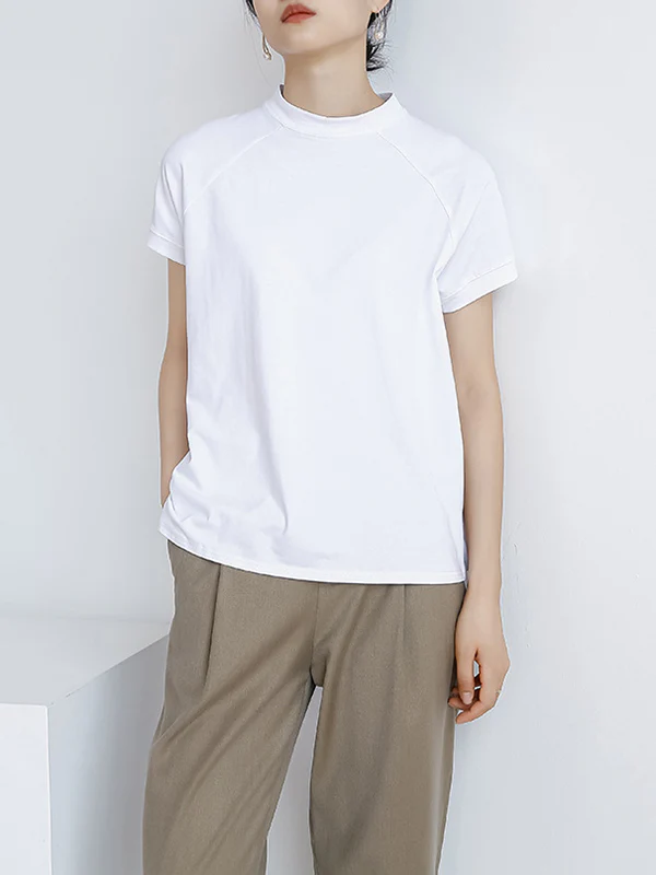 Casual Short Sleeves Loose Solid Color Stand Collar T-Shirts Tops - Image 7