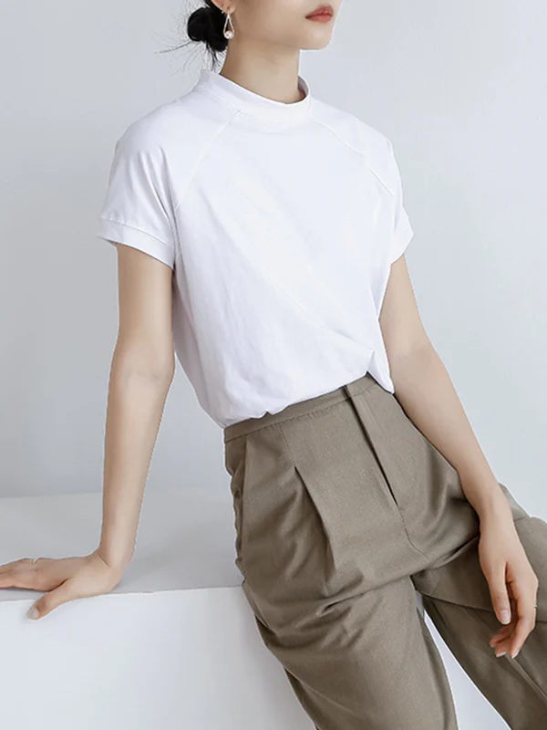 Casual Short Sleeves Loose Solid Color Stand Collar T-Shirts Tops - Image 8