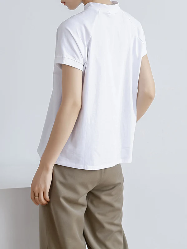 Casual Short Sleeves Loose Solid Color Stand Collar T-Shirts Tops - Image 9