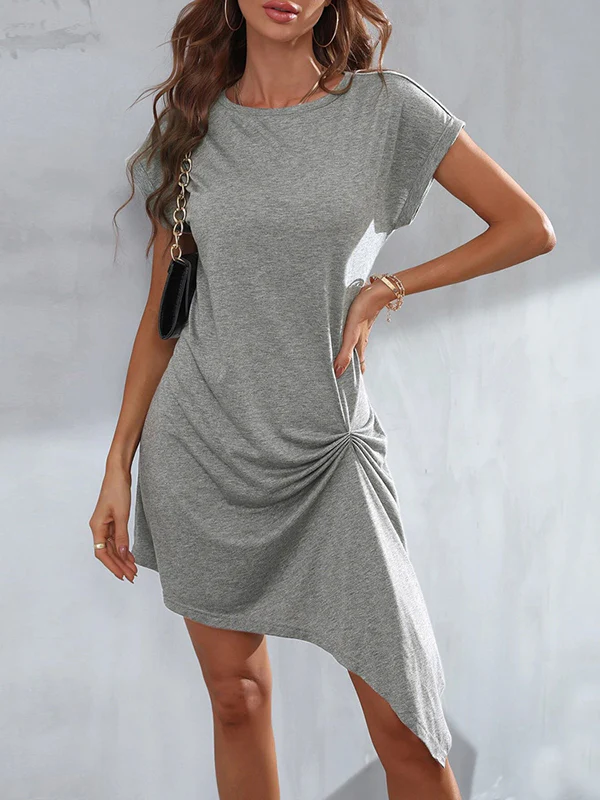 Casual Short Sleeves Pleated Round-Neck Gray Mini Dress - Image 4
