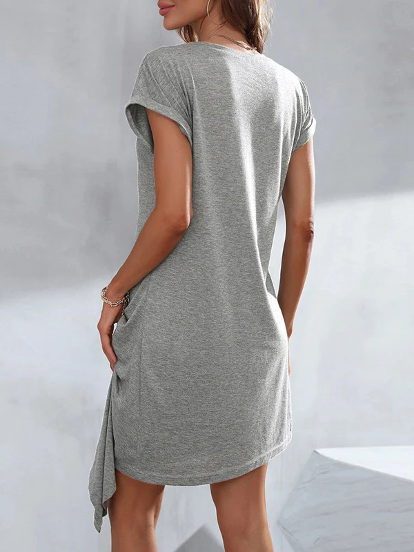 Casual Short Sleeves Pleated Round-Neck Gray Mini Dress - Image 5