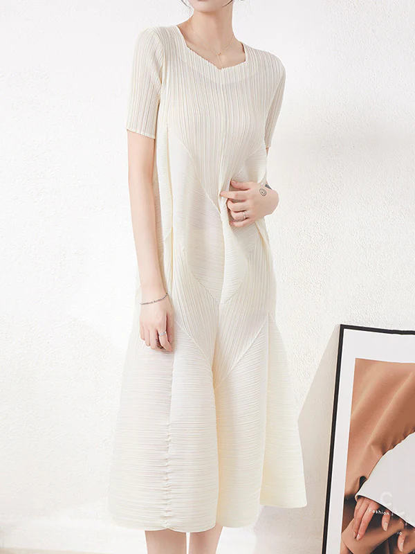 Casual Short Sleeves Pleated Solid Color Round-Neck Midi Dresses - Image 5