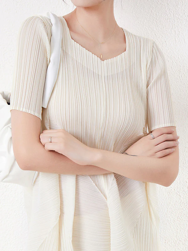 Casual Short Sleeves Pleated Solid Color Round-Neck Midi Dresses - Image 9