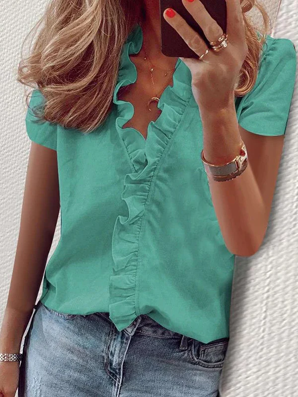 Casual Short Sleeves Solid Color V-Neck Blouses - Image 2