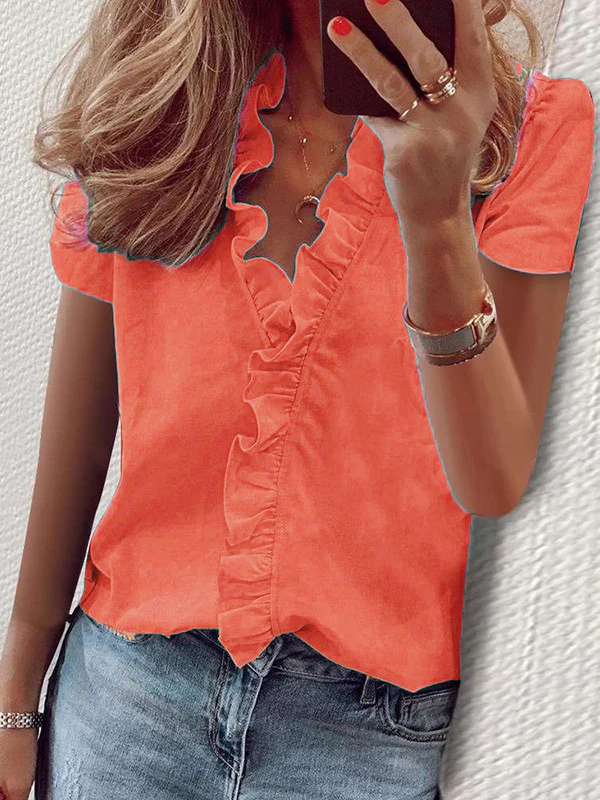 Casual Short Sleeves Solid Color V-Neck Blouses - Image 3