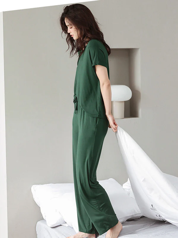 Casual Short Sleeves Solid Color V-Neck T Shirt Top&Drawstring Pants Pajamas Set - Image 12