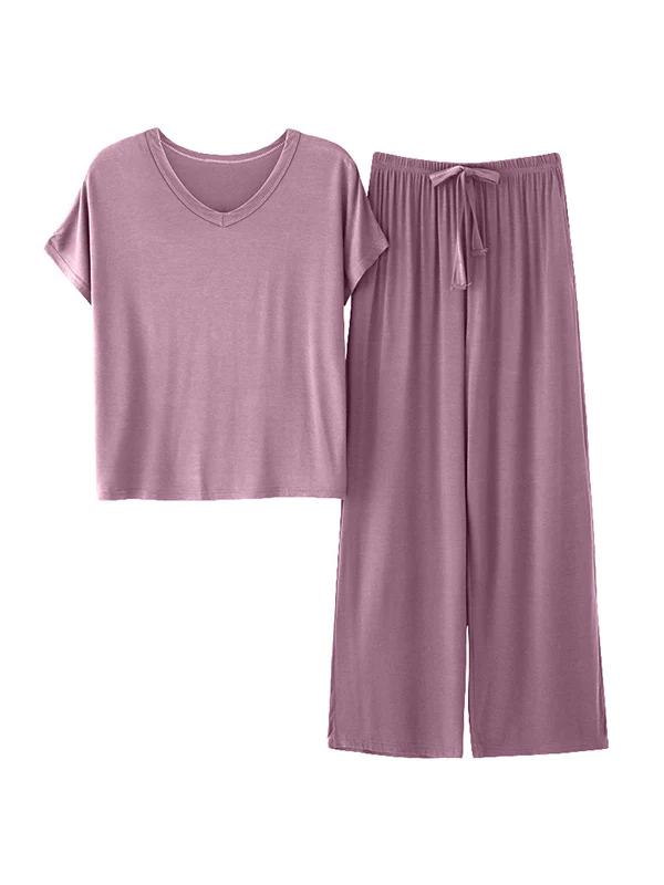 Casual Short Sleeves Solid Color V-Neck T Shirt Top&Drawstring Pants Pajamas Set - Image 13
