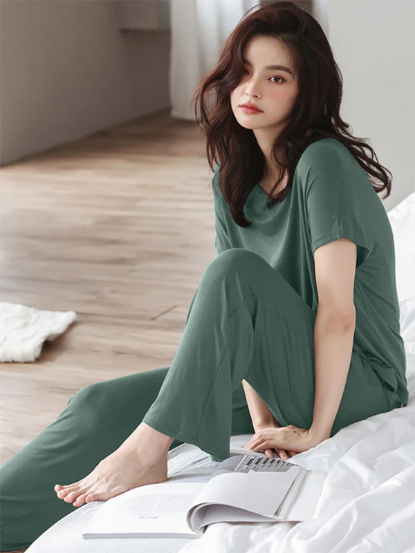 Casual Short Sleeves Solid Color V-Neck T Shirt Top&Drawstring Pants Pajamas Set - Image 2