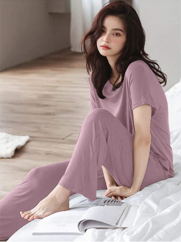 Casual Short Sleeves Solid Color V-Neck T Shirt Top&Drawstring Pants Pajamas Set - Image 3