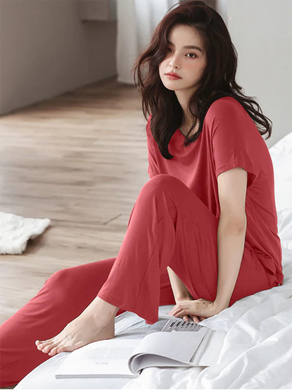 Casual Short Sleeves Solid Color V-Neck T Shirt Top&Drawstring Pants Pajamas Set - Image 4