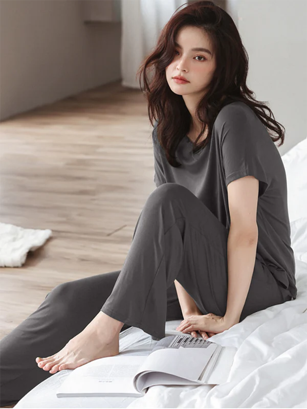 Casual Short Sleeves Solid Color V-Neck T Shirt Top&Drawstring Pants Pajamas Set - Image 6