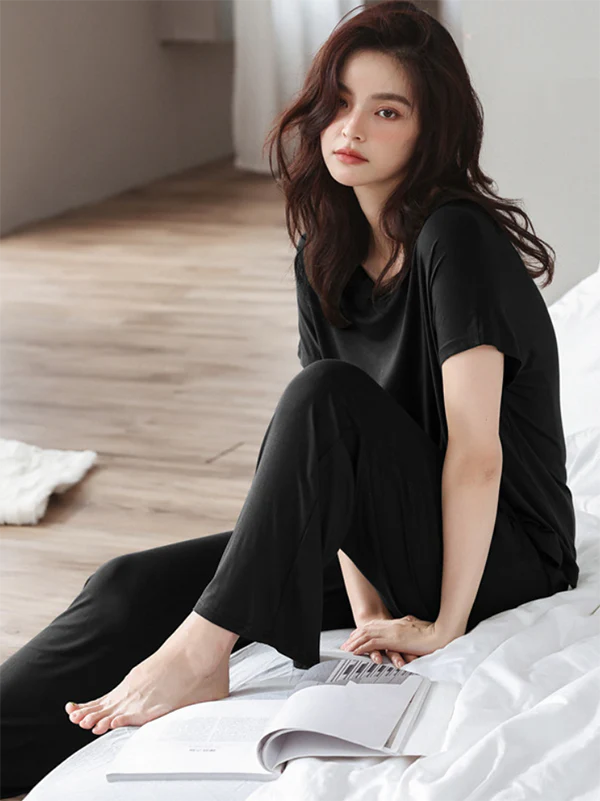 Casual Short Sleeves Solid Color V-Neck T Shirt Top&Drawstring Pants Pajamas Set - Image 8