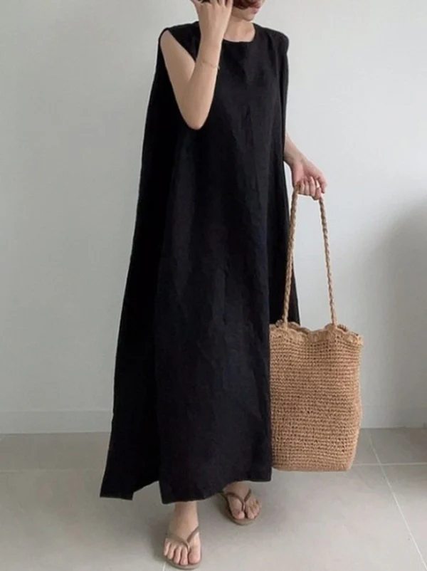 Casual Simple Solid Color Split-Side Round-Neck Sleeveless Midi Dress - Image 10