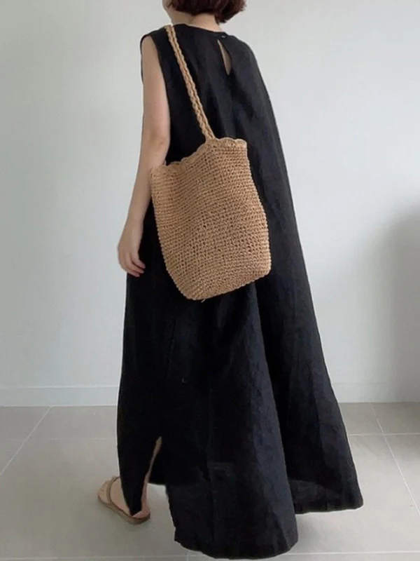 Casual Simple Solid Color Split-Side Round-Neck Sleeveless Midi Dress - Image 11