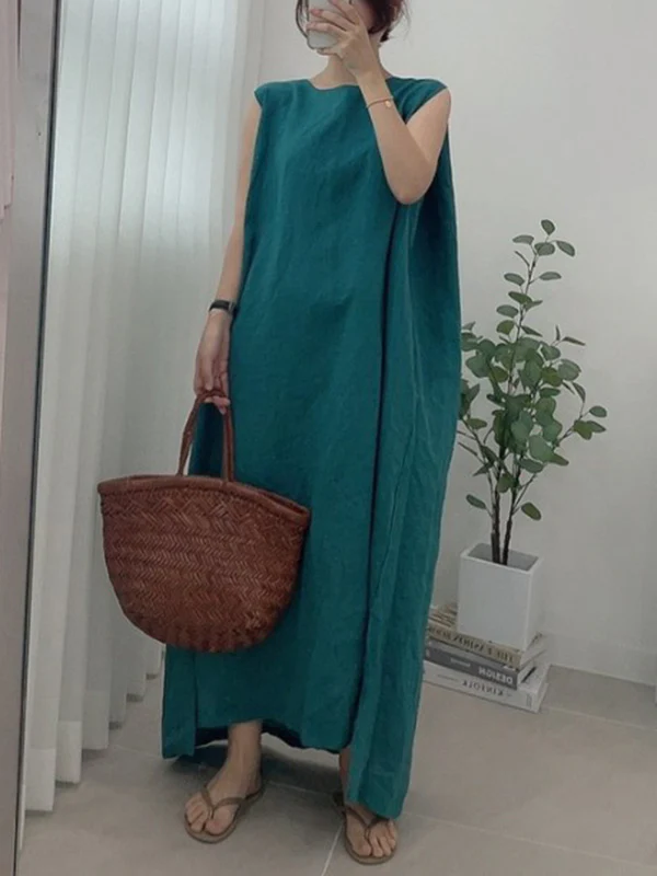 Casual Simple Solid Color Split-Side Round-Neck Sleeveless Midi Dress - Image 12