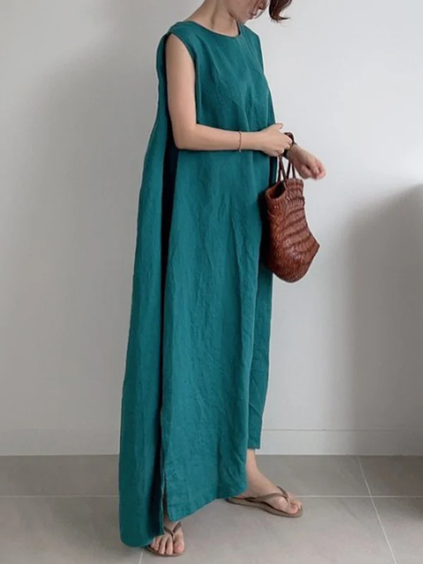 Casual Simple Solid Color Split-Side Round-Neck Sleeveless Midi Dress - Image 13
